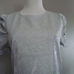 NWT Coeur De Vague Sparkle Silver Glitter Short Ruched Sleeves Top Blouse sz S